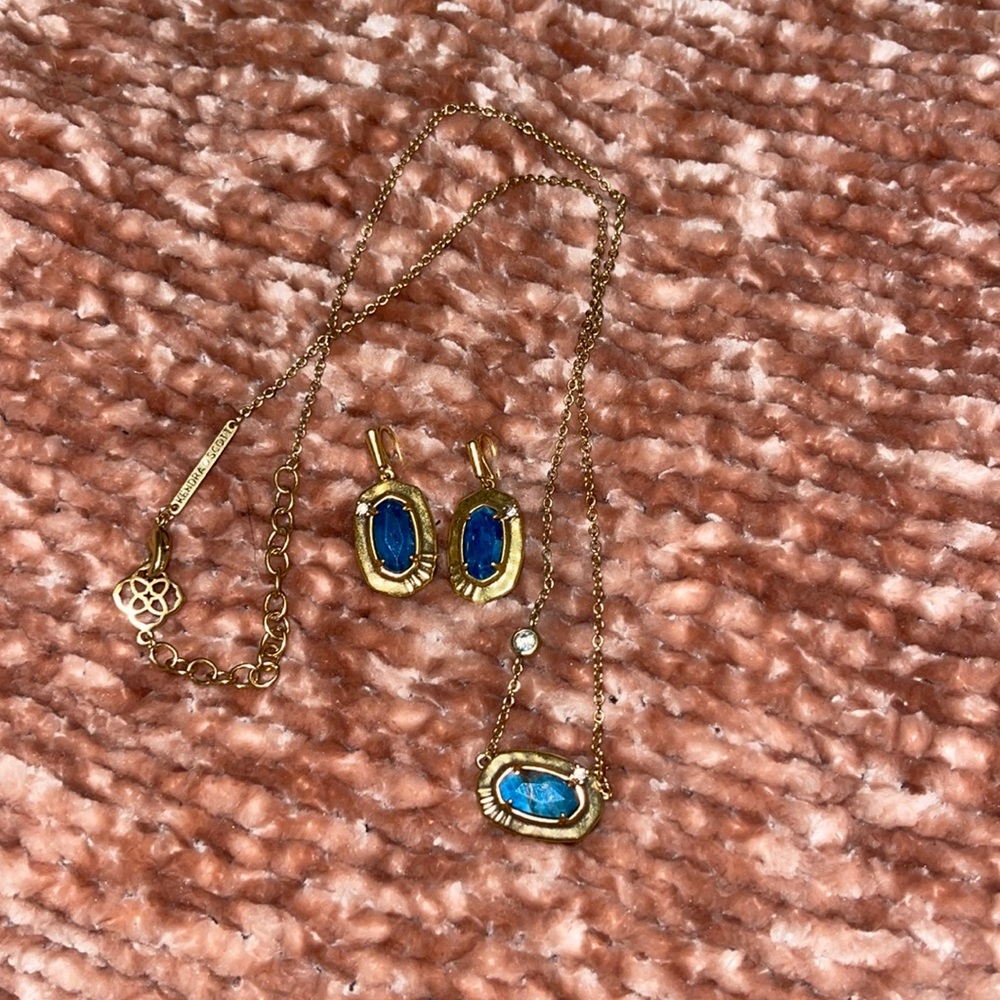 Kendra Scott Anna Vintage Gold, necklace and earring, teal apatite.